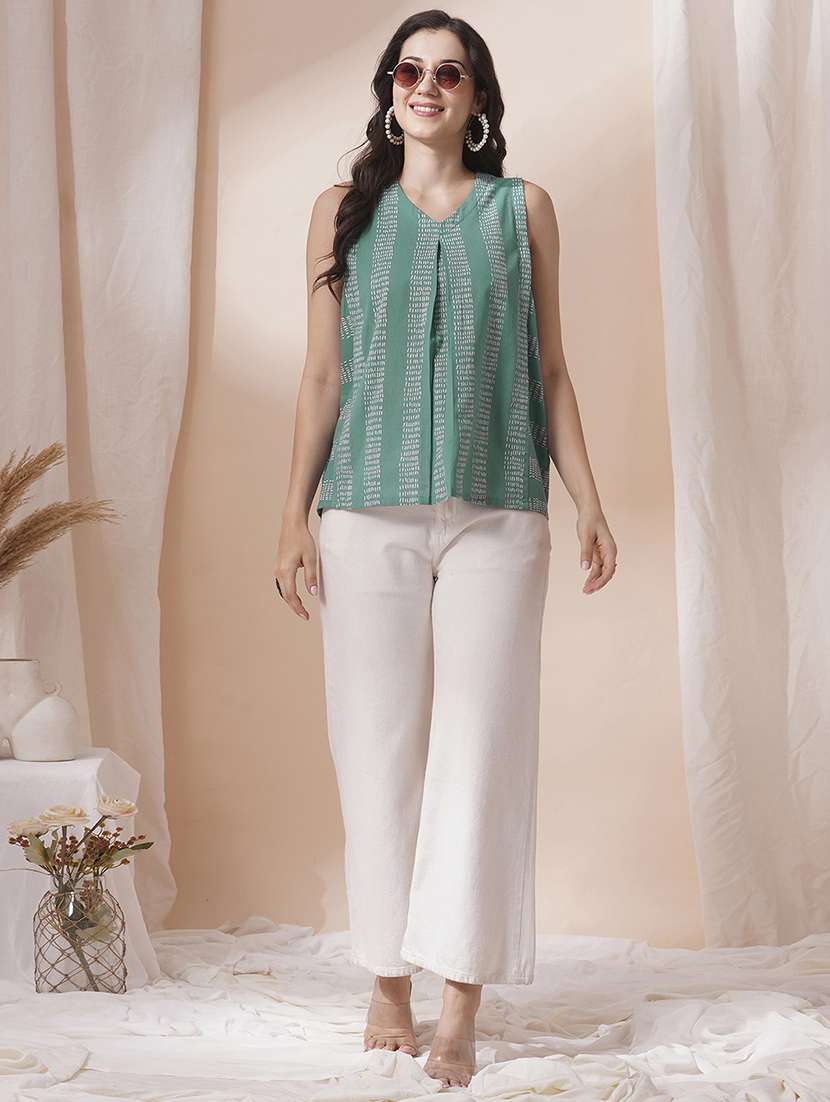 women printed sleveeless a-line kurti