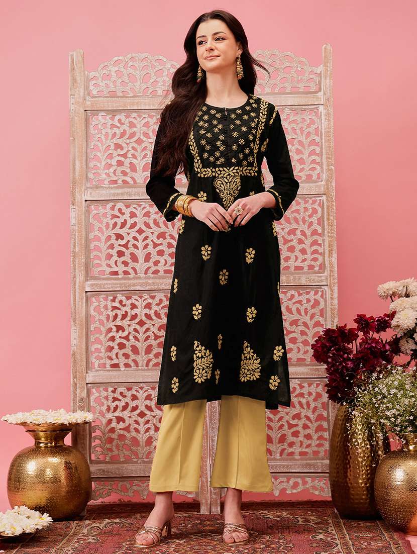 women chikankari long sleeve straight kurta
