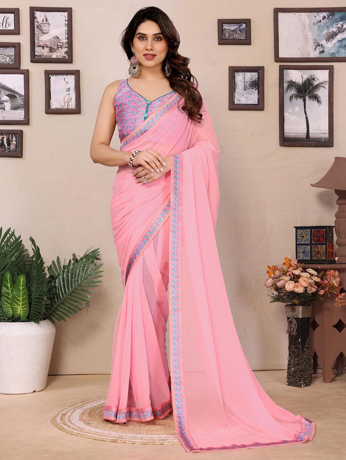 women solid with bordered saree with blouse - 21925872 - Zoom Image - 0