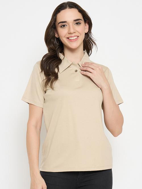 beige cotton blend plain tshirt - 21925876 - Standard Image - 0