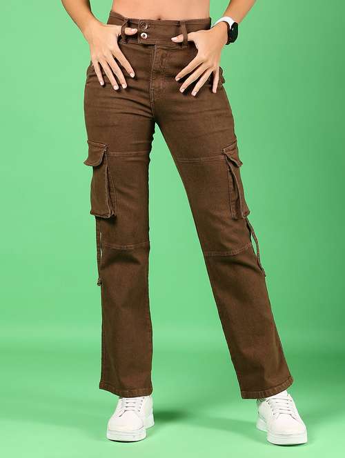 women brown solid high rise cargo - 21926029 -  Standard Image - 0
