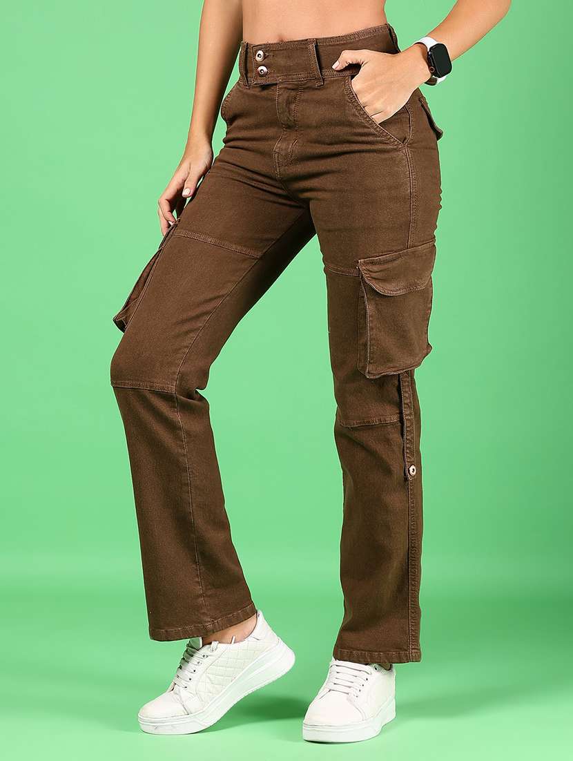 women brown solid high rise cargo - 21926029 -  Standard Image - 3
