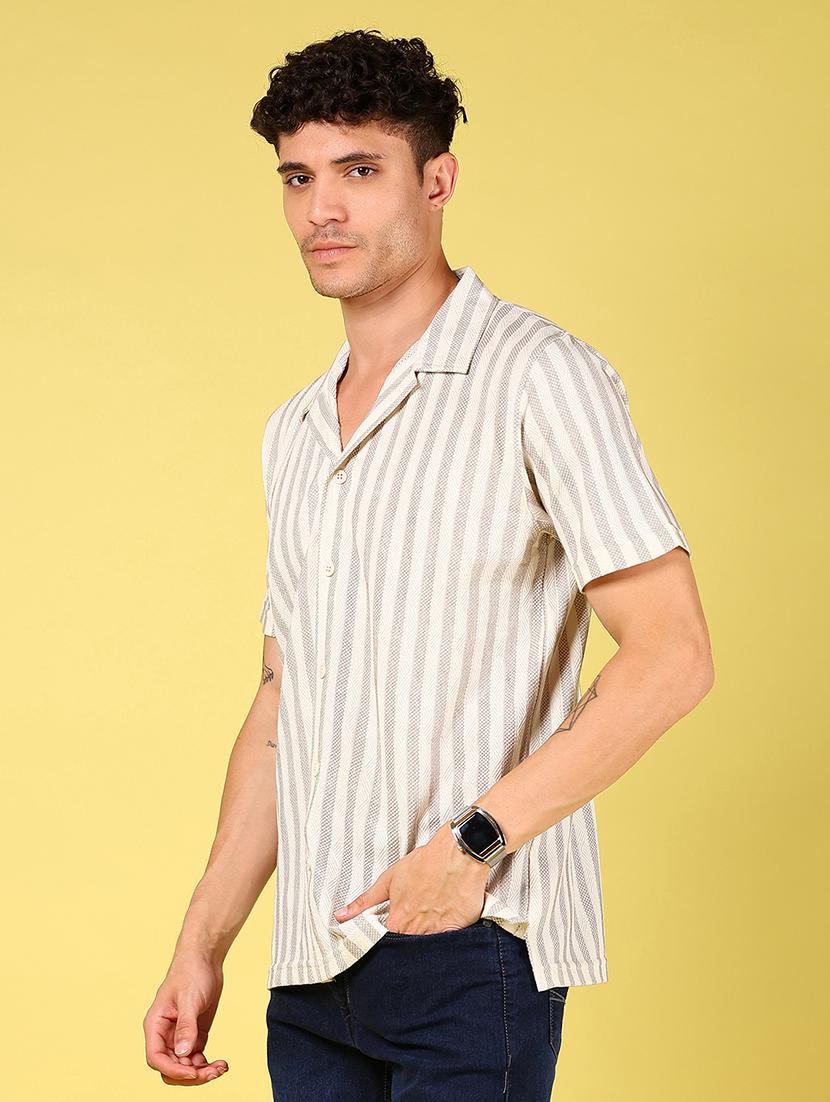 men striped cuban collaed short sleeve casual shirt - 21926046 - Standard Image - 3