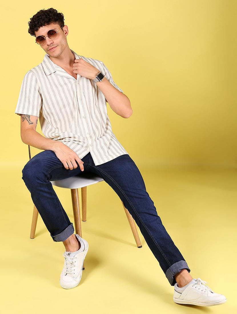 men striped cuban collaed short sleeve casual shirt - 21926046 - Standard Image - 5
