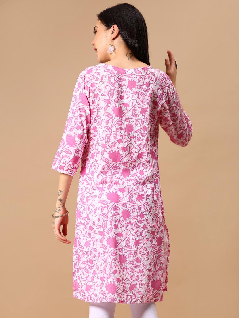 womne pink printed round neck straight kurta - 21926071 - Standard Image - 3