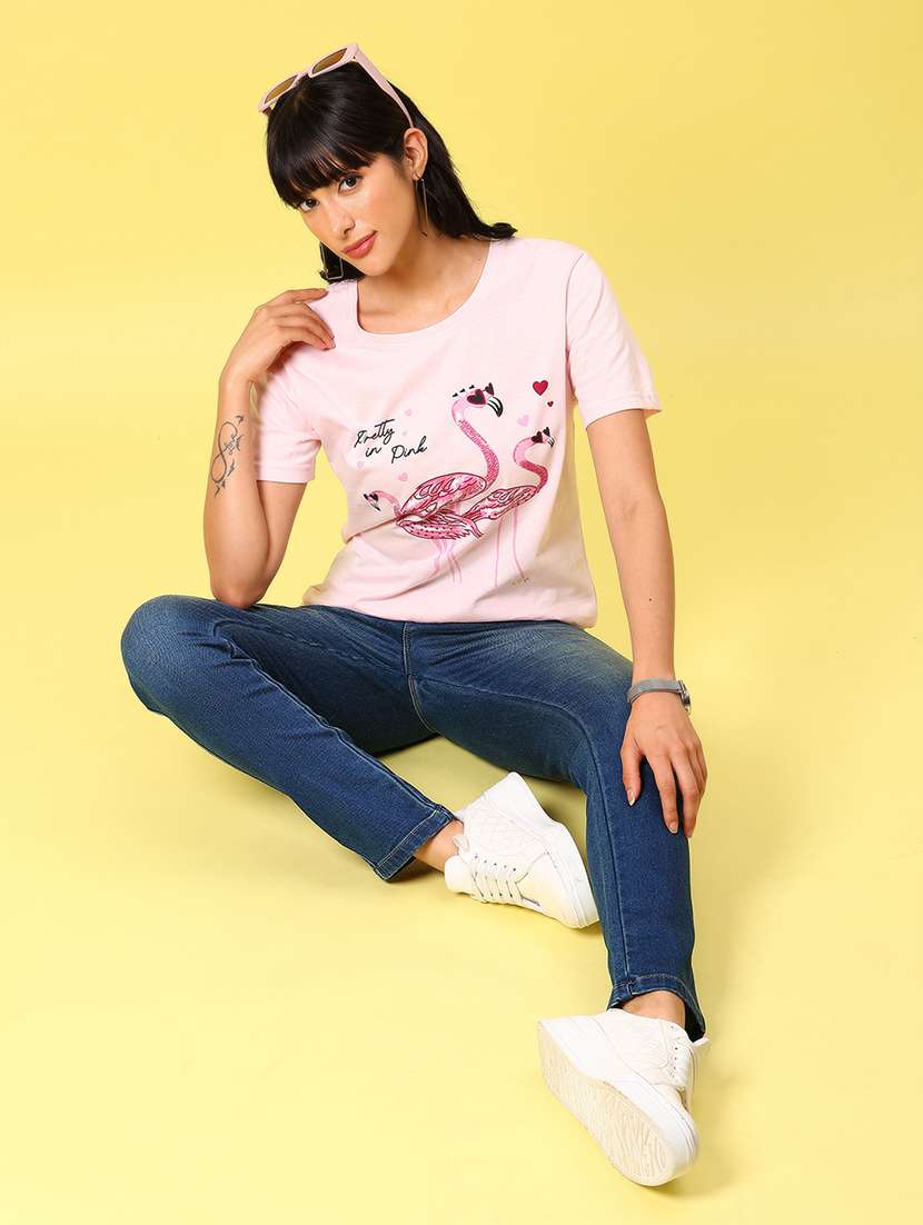 women front print round neck t-shirt - 21926133 - Standard Image - 5