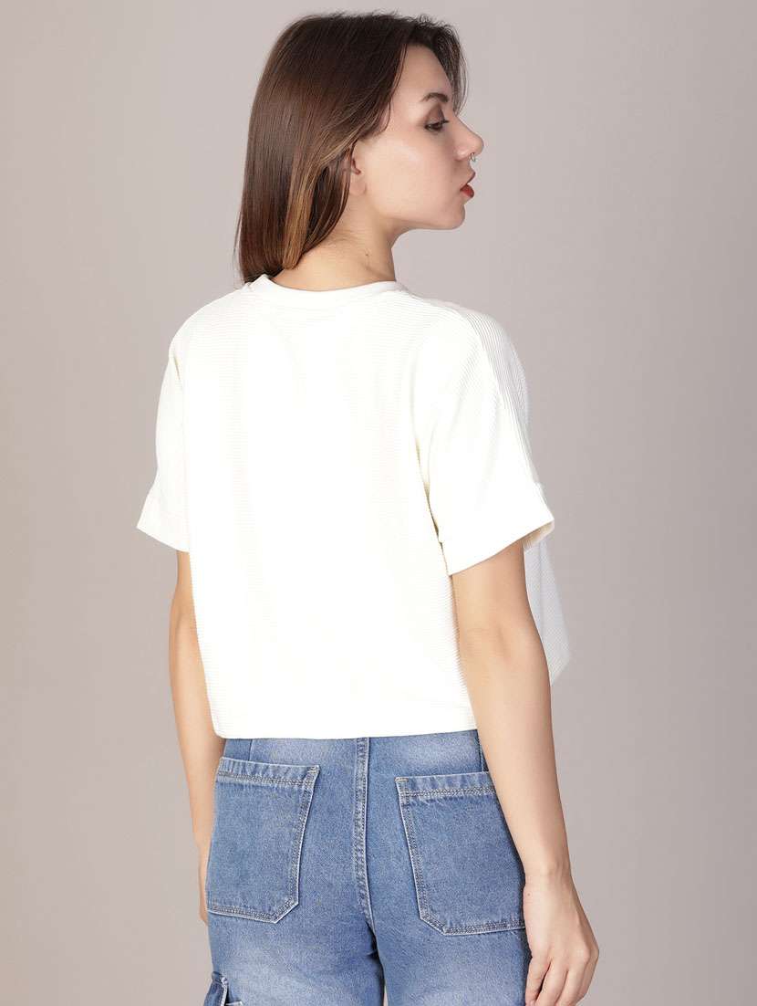 women white solid short sleeve crop top - 21926140 - Standard Image - 3