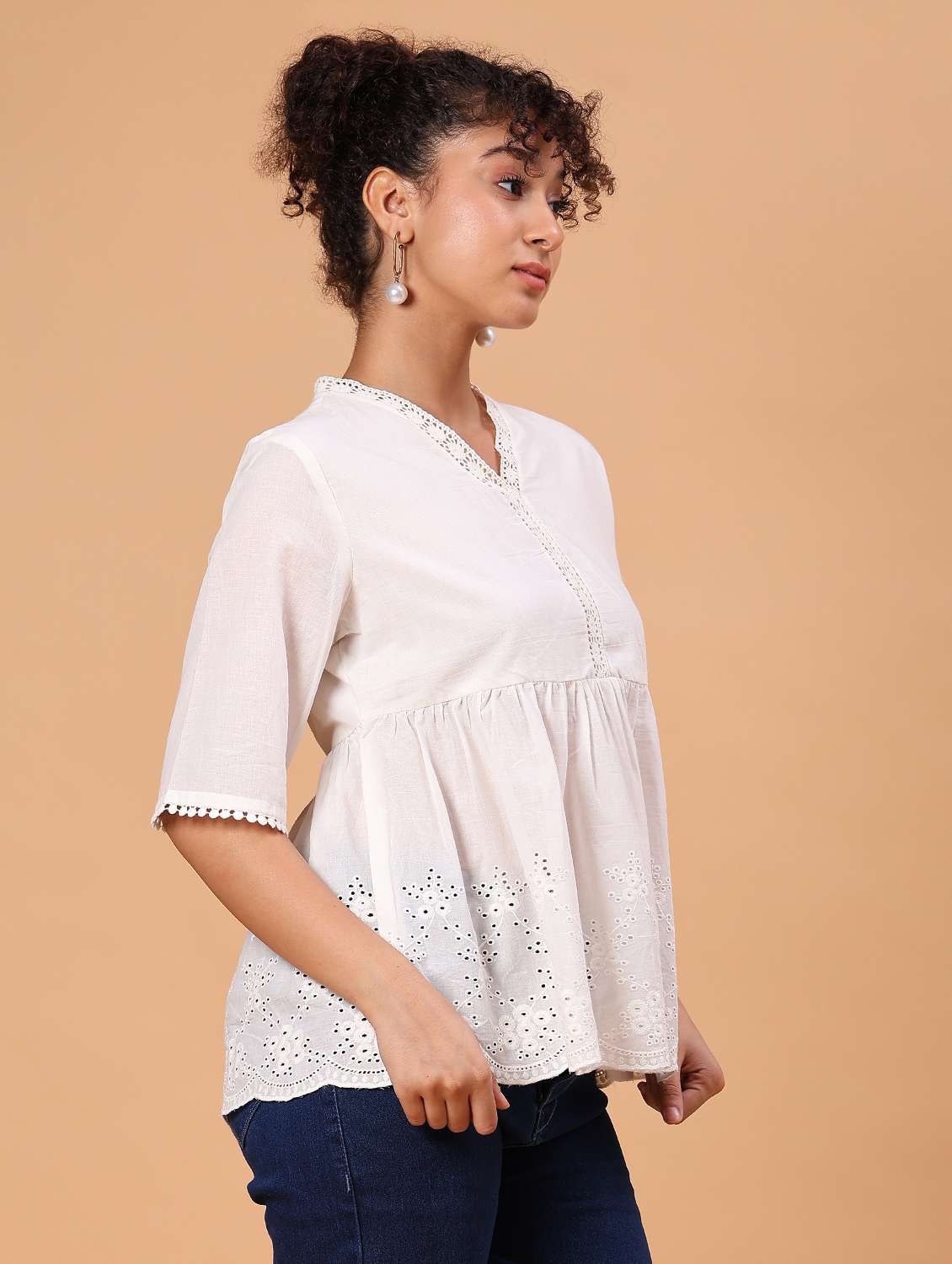 women ehite solid schiffli peplum top - 21926160 -  Standard Image - 3