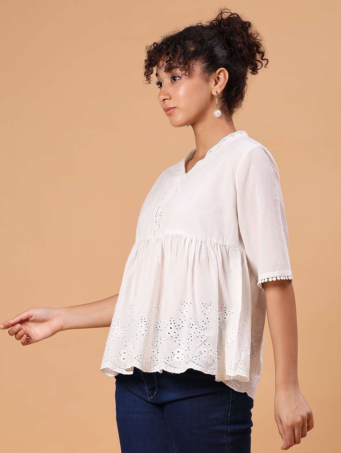 women ehite solid schiffli peplum top - 21926160 -  Standard Image - 5