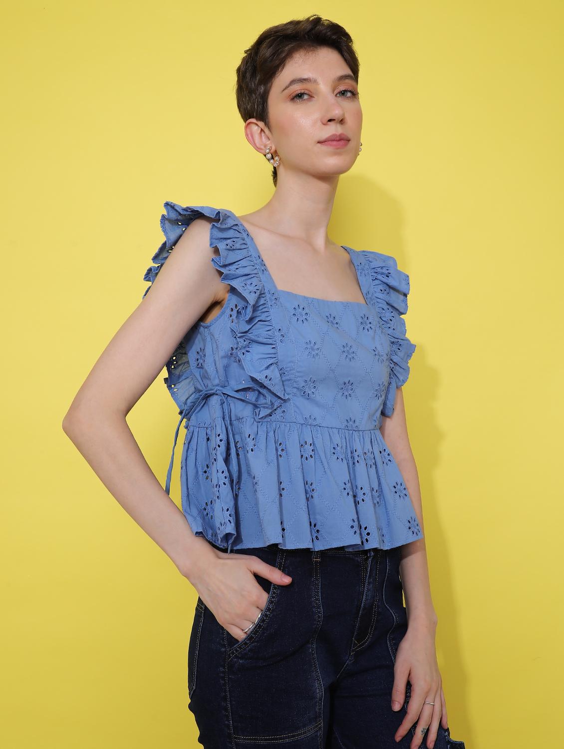 women blue solid sleevelelss schiffli peplum top - 21926161 - Standard Image - 3