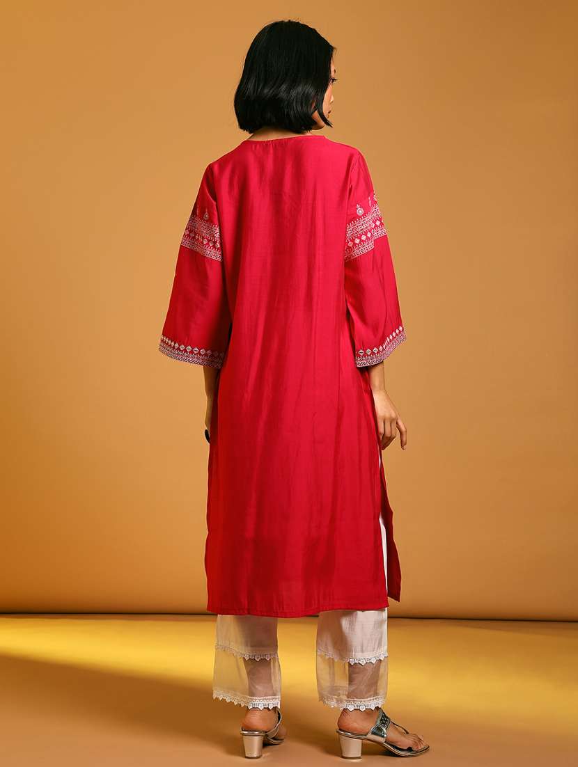 women embroidered bell sleeve straight kurta - 21926174 - Standard Image - 3