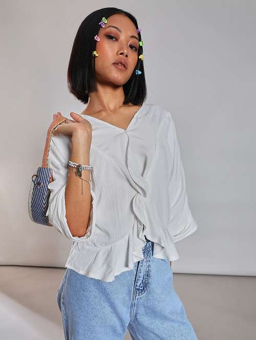 women solid batwing sleeve ruffle top - 21926211 - Standard Image - 0