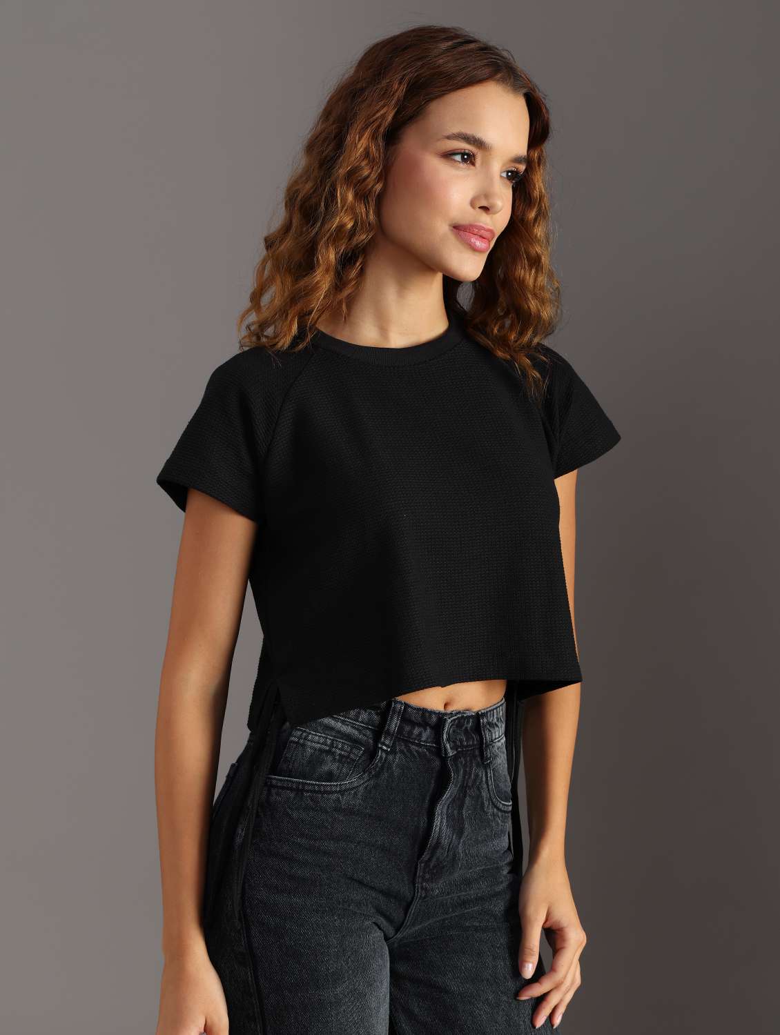 women solid short sleeve crop top - 21926212 - Standard Image - 3