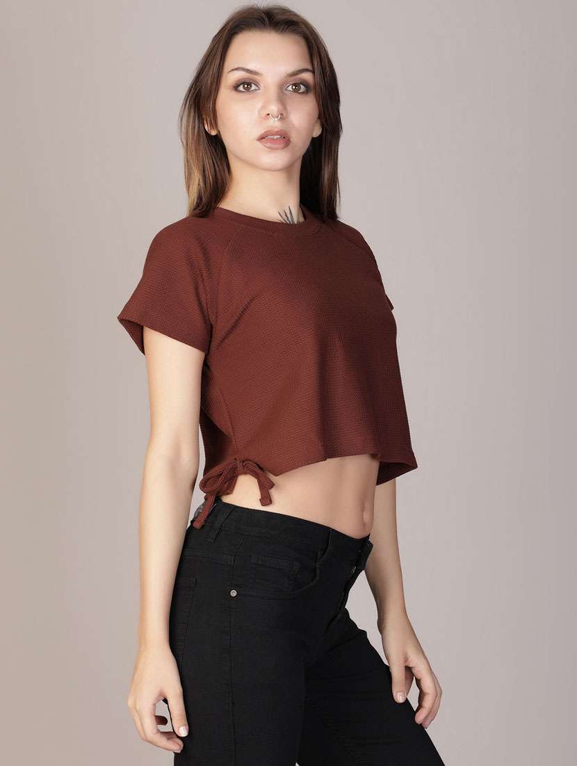 women solid short sleeve crop top - 21926213 - Zoom Image - 0