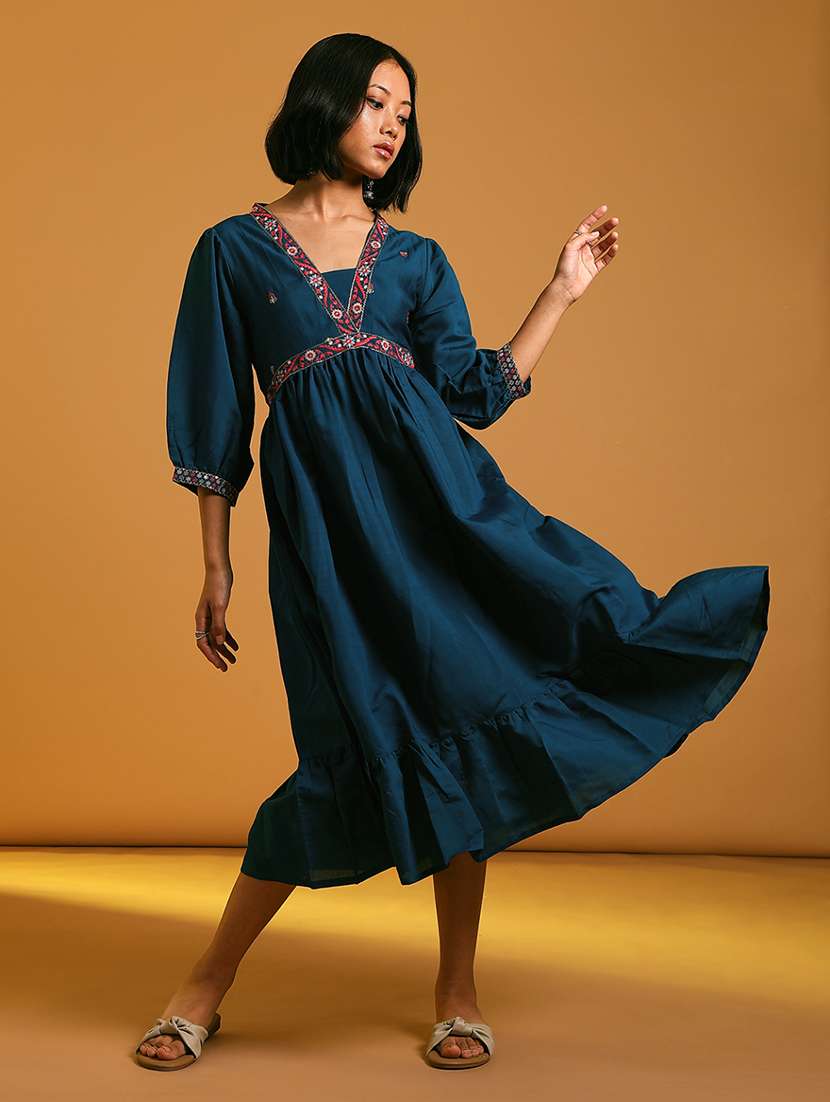 women embroidered puff sleeve tiered ethnic dress