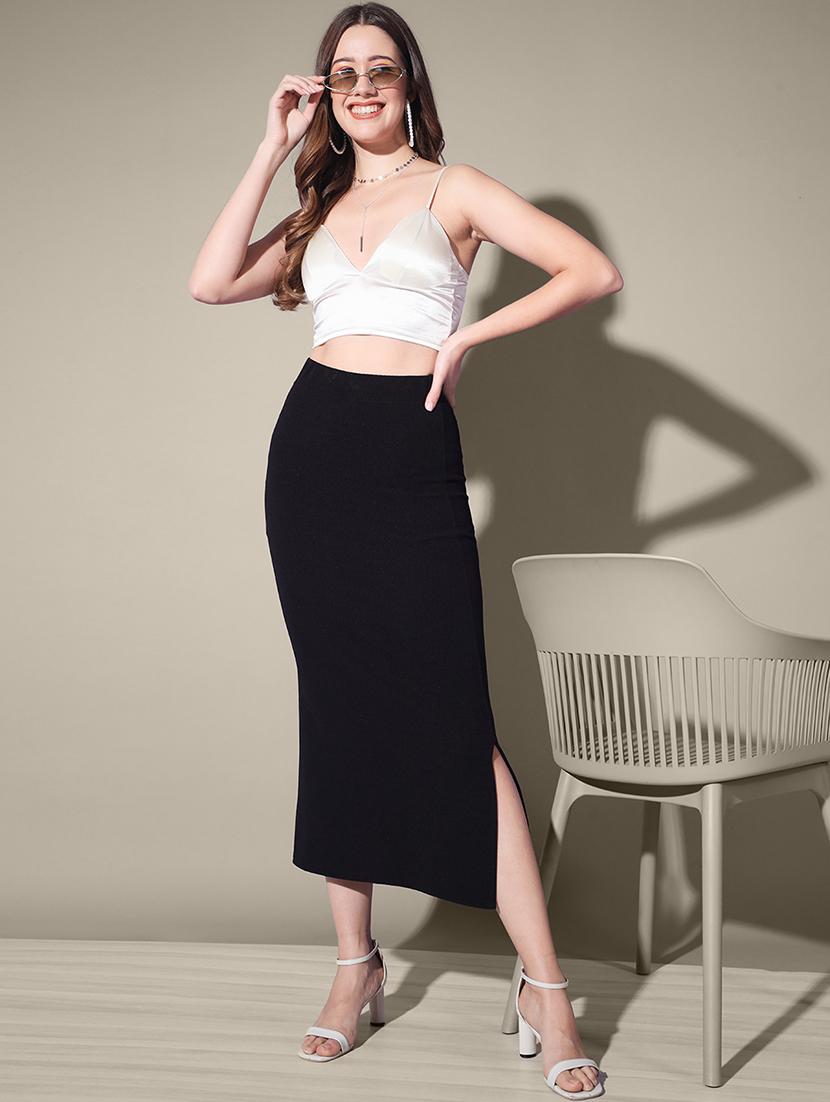 women black solid high rise bodycon skirt - 21926620 - Standard Image - 5