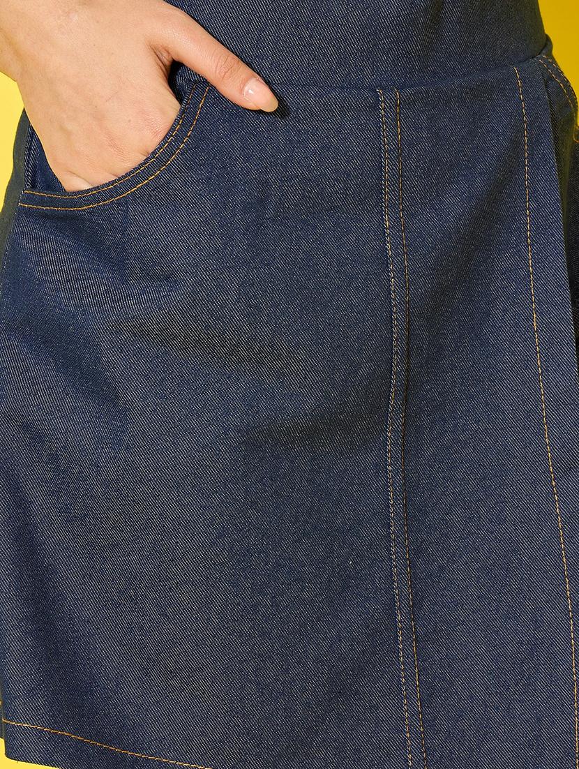 women solid high rise regular fit denim skorts - 21926647 - Standard Image - 3