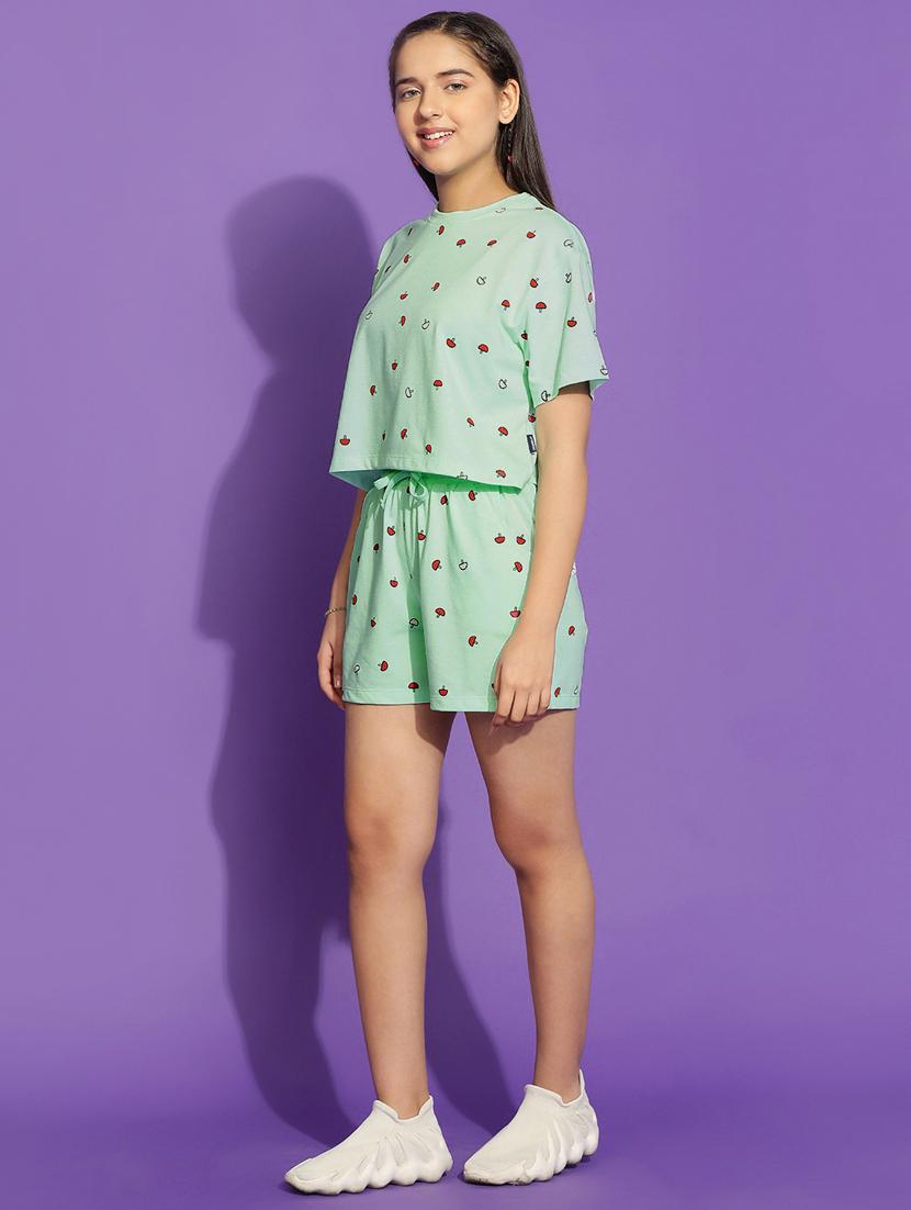 girls printed round neck shorts set nightwear