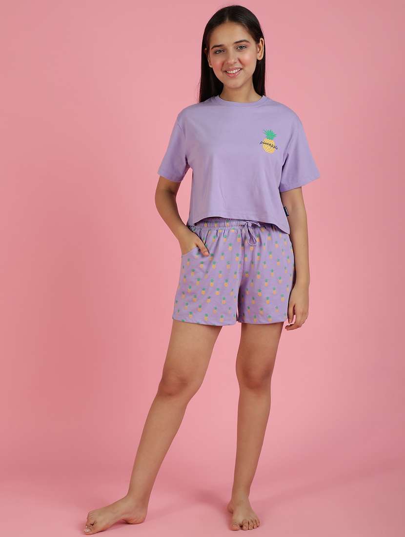 girls printed round neck shorts set nightwear
