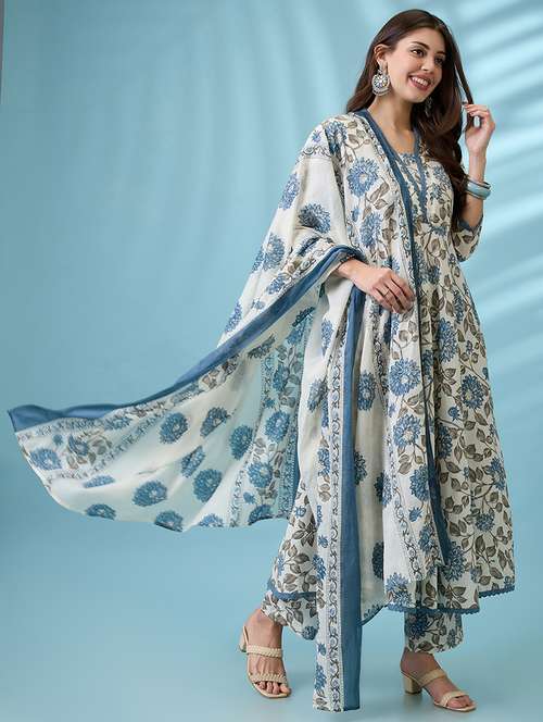 women blue all over floral printed v-neck lace insert anarkali kurta with pant & dupatta set - 21926731 -  Standard Image - 0