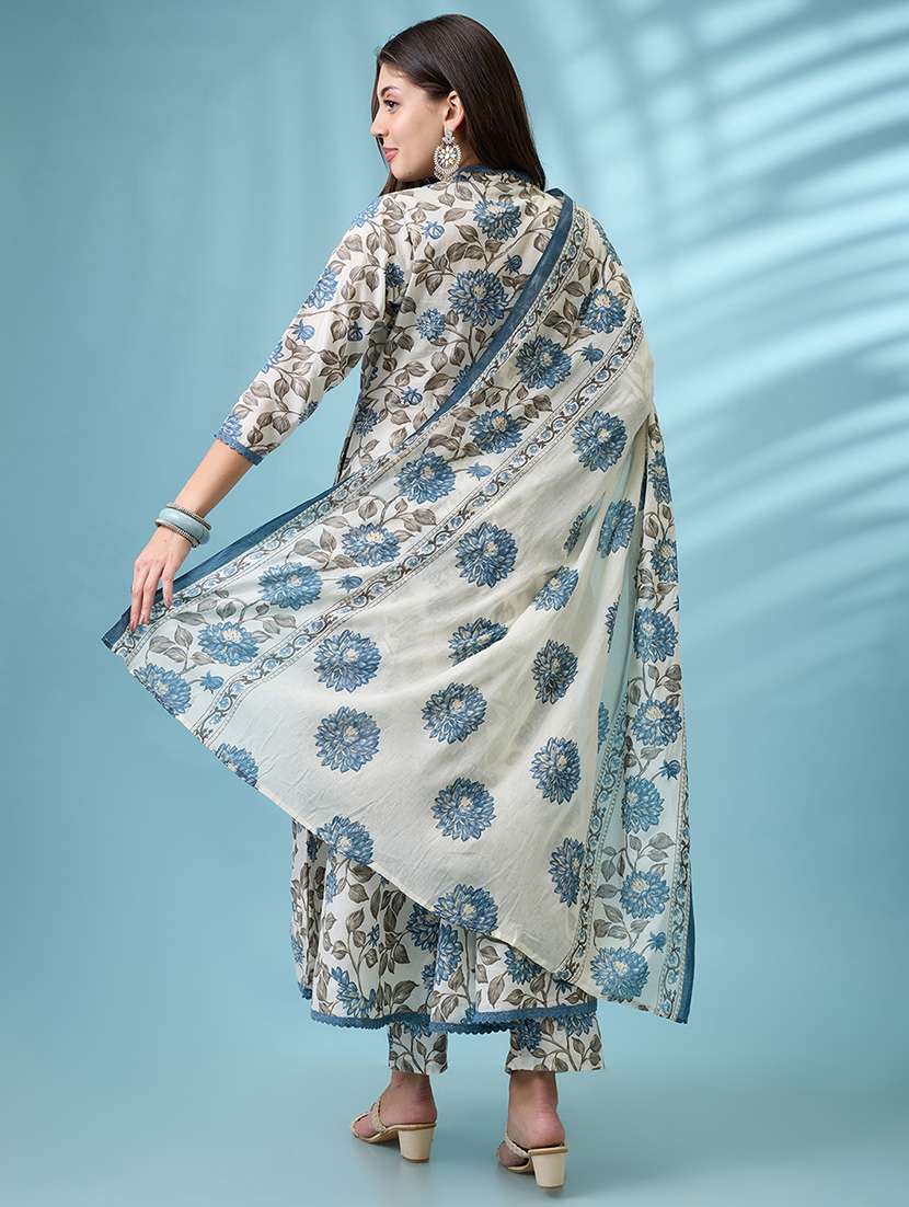 women blue all over floral printed v-neck lace insert anarkali kurta with pant & dupatta set - 21926731 -  Standard Image - 3