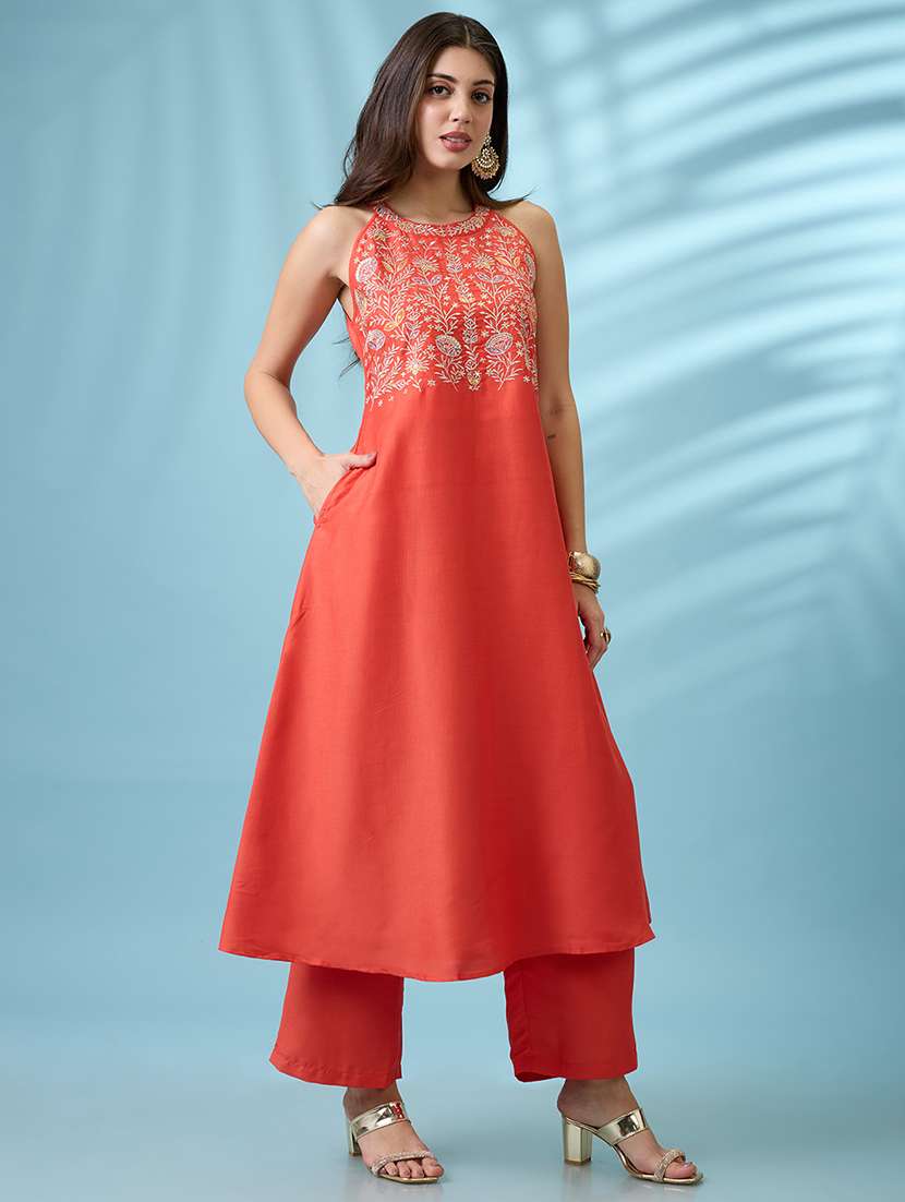 women orange floral embroidered yoke halter neck a-line kurta with straight pants festive set