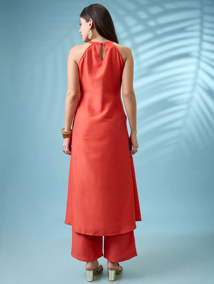 women orange floral embroidered yoke halter neck a-line kurta with straight pants festive set - 21926732 -  Standard Image - 3
