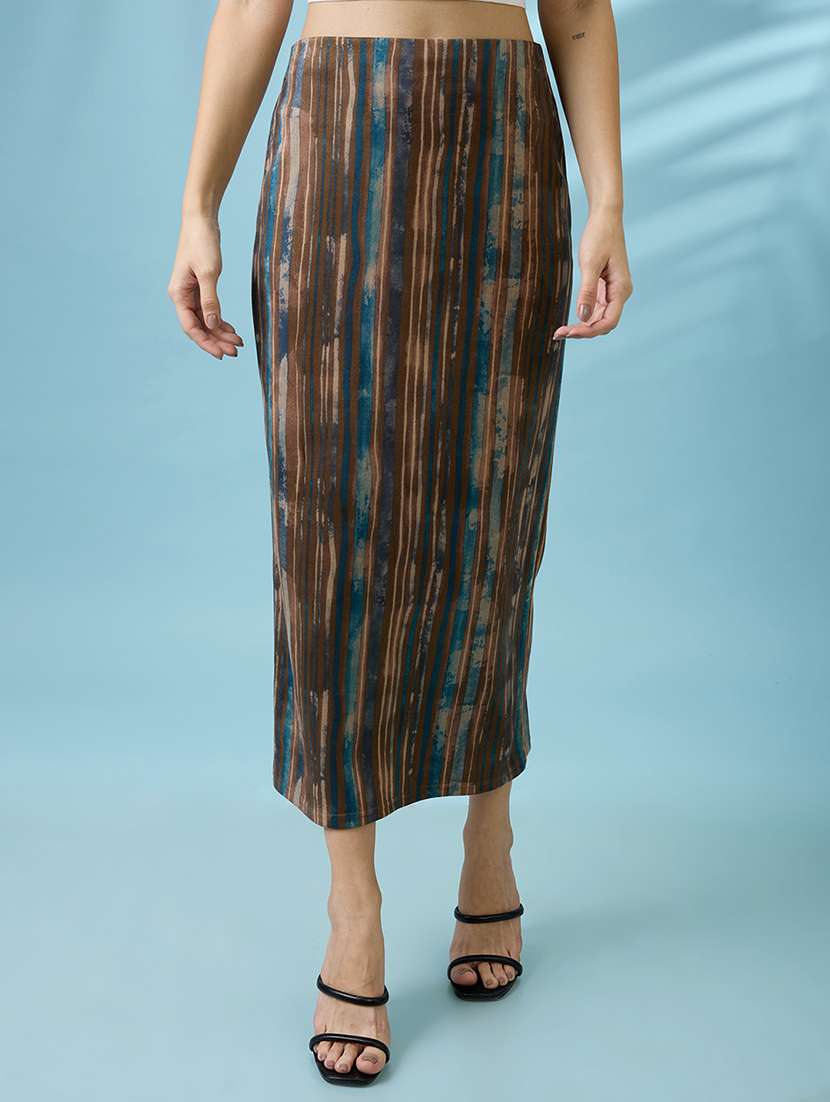 women multi color high rise stretchable hazzy print back slit workwear midi pencil skirt - 21926733 -  Zoom Image - 0