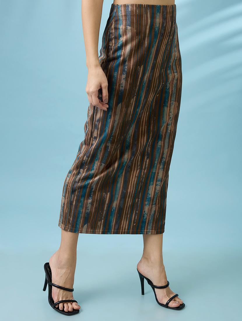 women multi color high rise stretchable hazzy print back slit workwear midi pencil skirt - 21926733 - Standard Image - 3