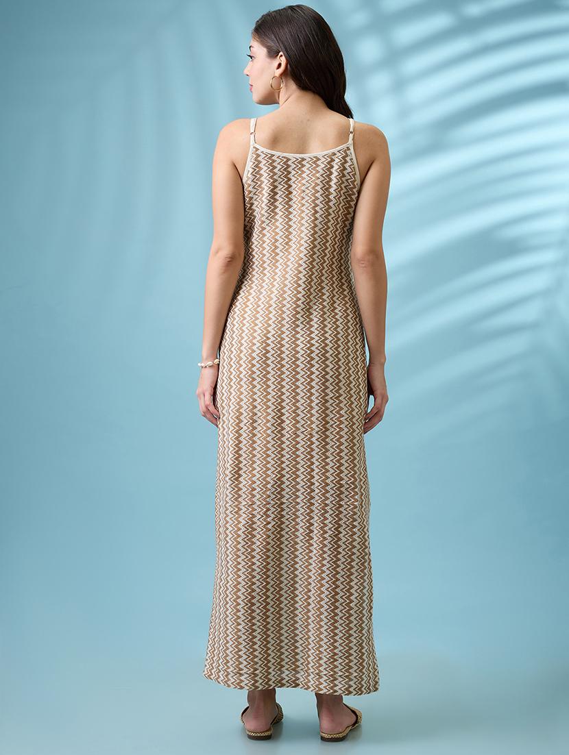 women brown crochet chevron pattern strappy sleeves side slit sheath maxi dress - 21926734 - Standard Image - 3