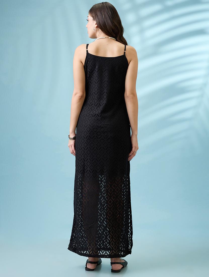 women black crochet geometric pattern strappy sleeves side slit sheath maxi dress - 21926735 - Standard Image - 3