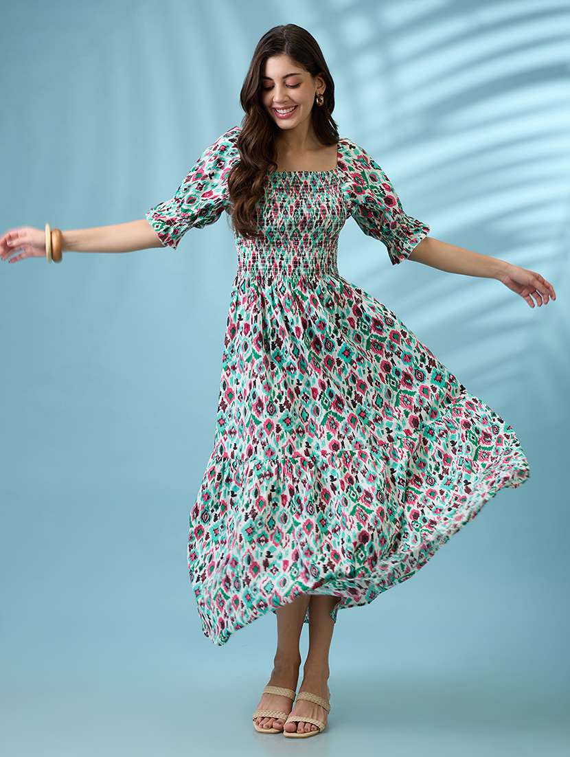 women multicolour ikat print square neck puff sleeves smocked tiered fit & flare maxi dress - 21926738 - Zoom Image - 0