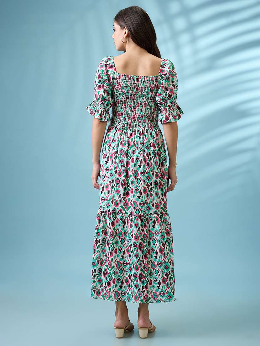women multicolour ikat print square neck puff sleeves smocked tiered fit & flare maxi dress - 21926738 - Standard Image - 3