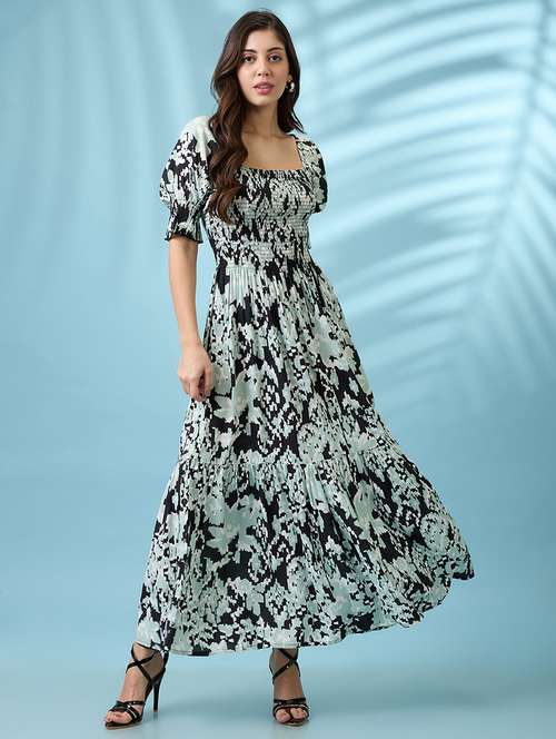 women black abstract printed square neck puff sleeves smocked tiered fit & flare maxi dress - 21926739 - Standard Image - 0
