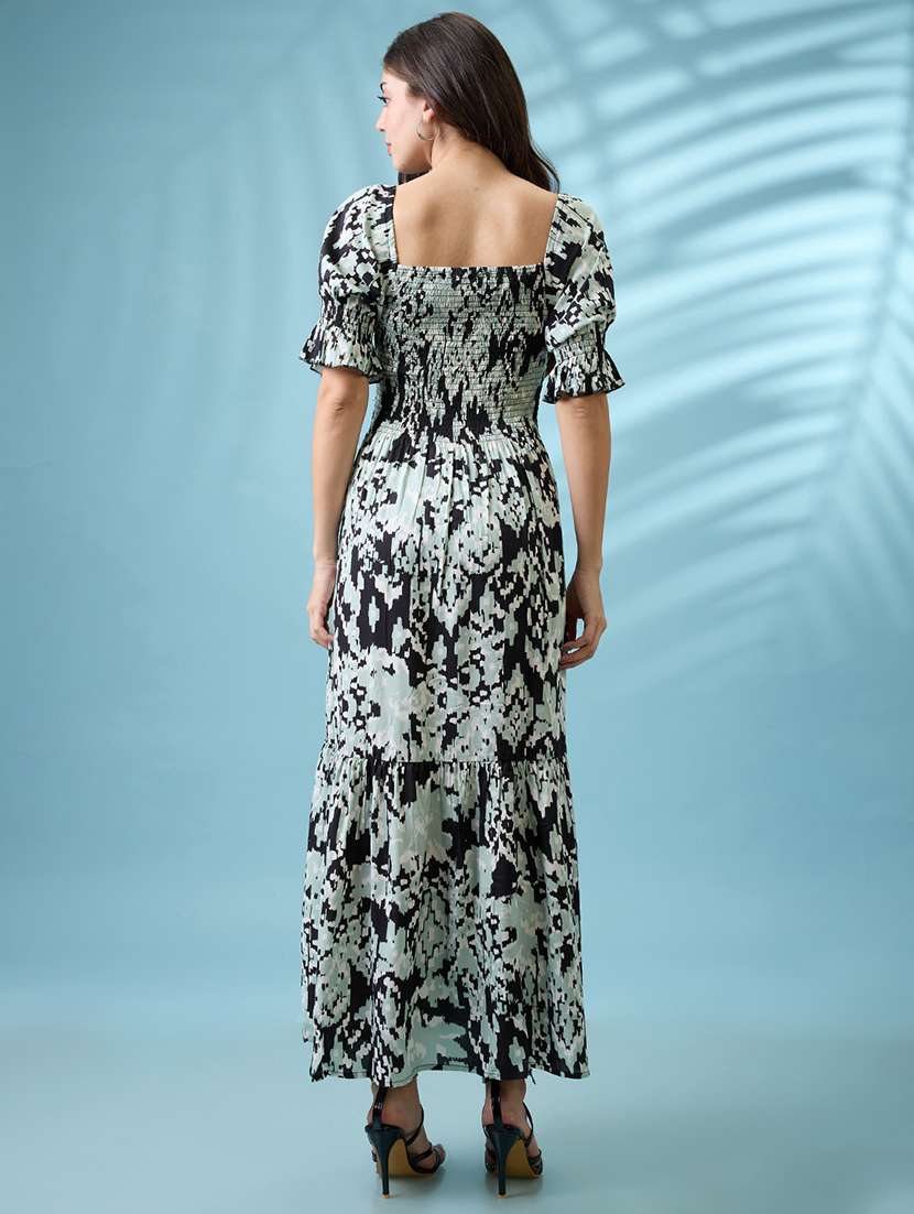 women black abstract printed square neck puff sleeves smocked tiered fit & flare maxi dress - 21926739 - Standard Image - 3
