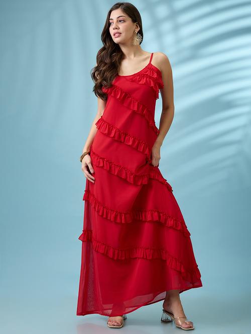 women red scoop neck strappy sleeves ruffle detail georgette a-line maxi party dress - 21926742 -  Standard Image - 0
