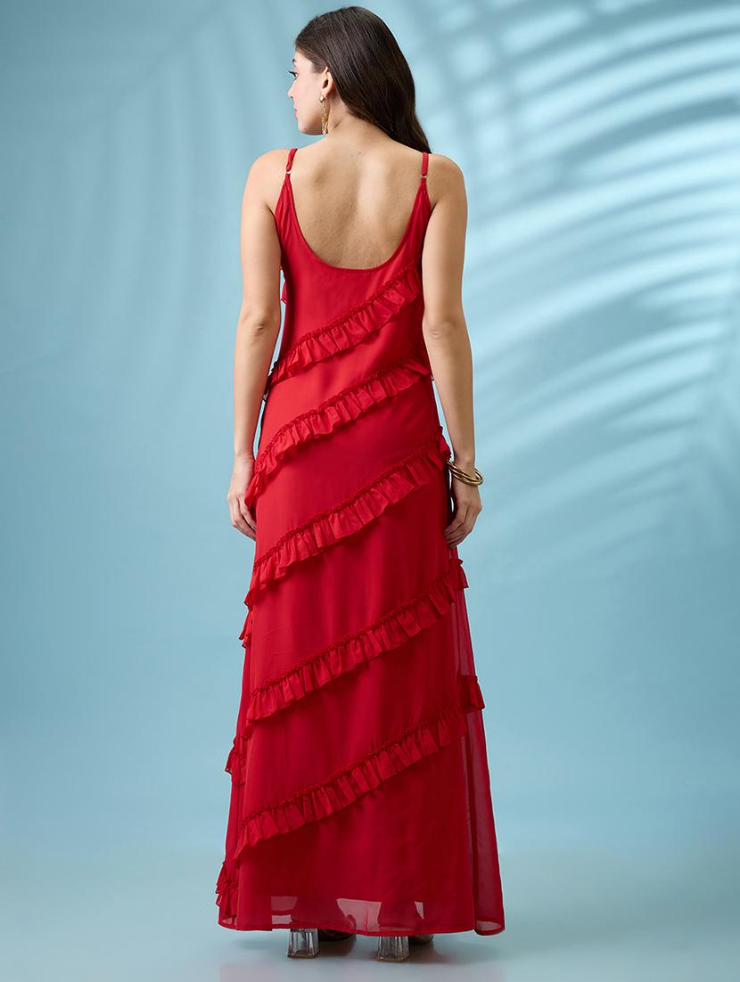 women red scoop neck strappy sleeves ruffle detail georgette a-line maxi party dress - 21926742 - Standard Image - 3