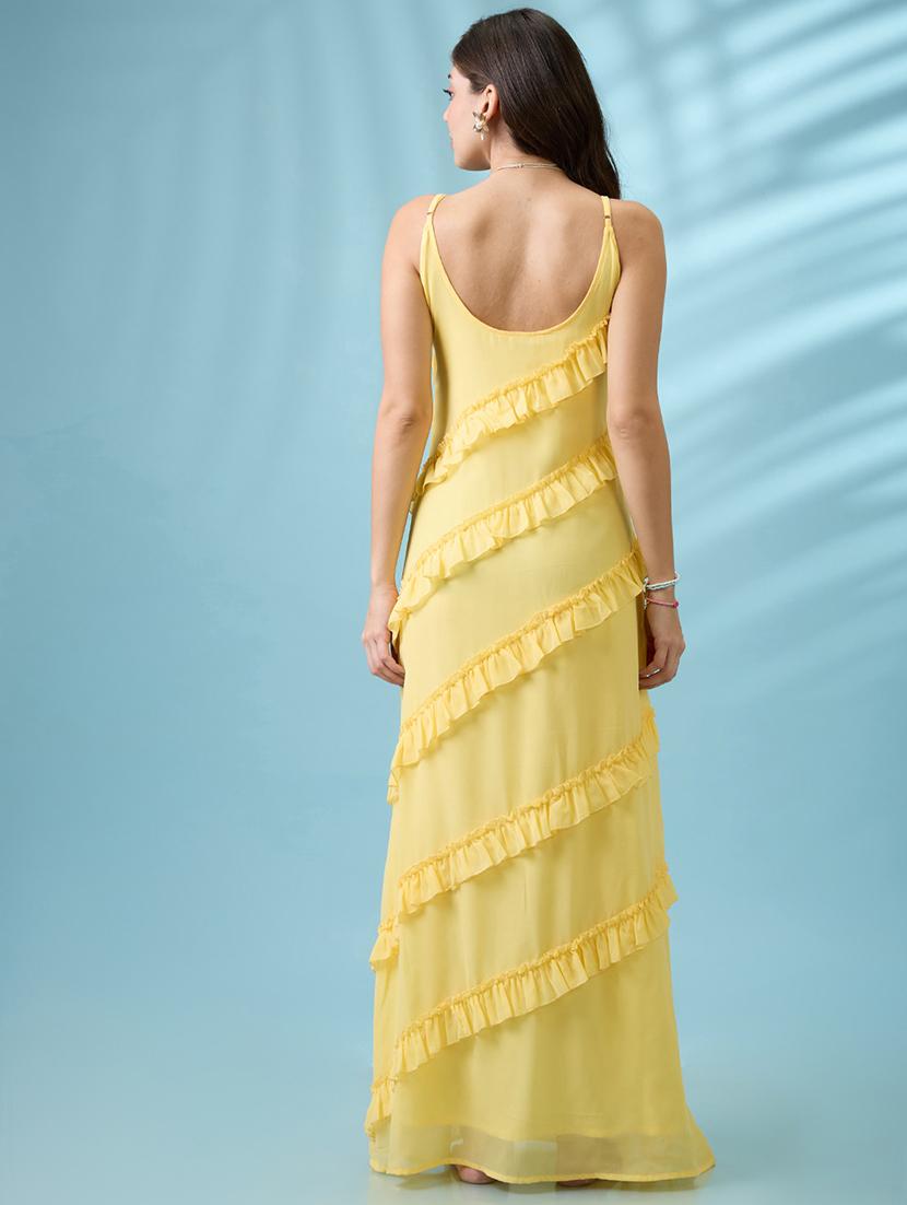 women yellow scoop neck strappy sleeves ruffle detail georgette a-line maxi party dress - 21926743 - Standard Image - 3