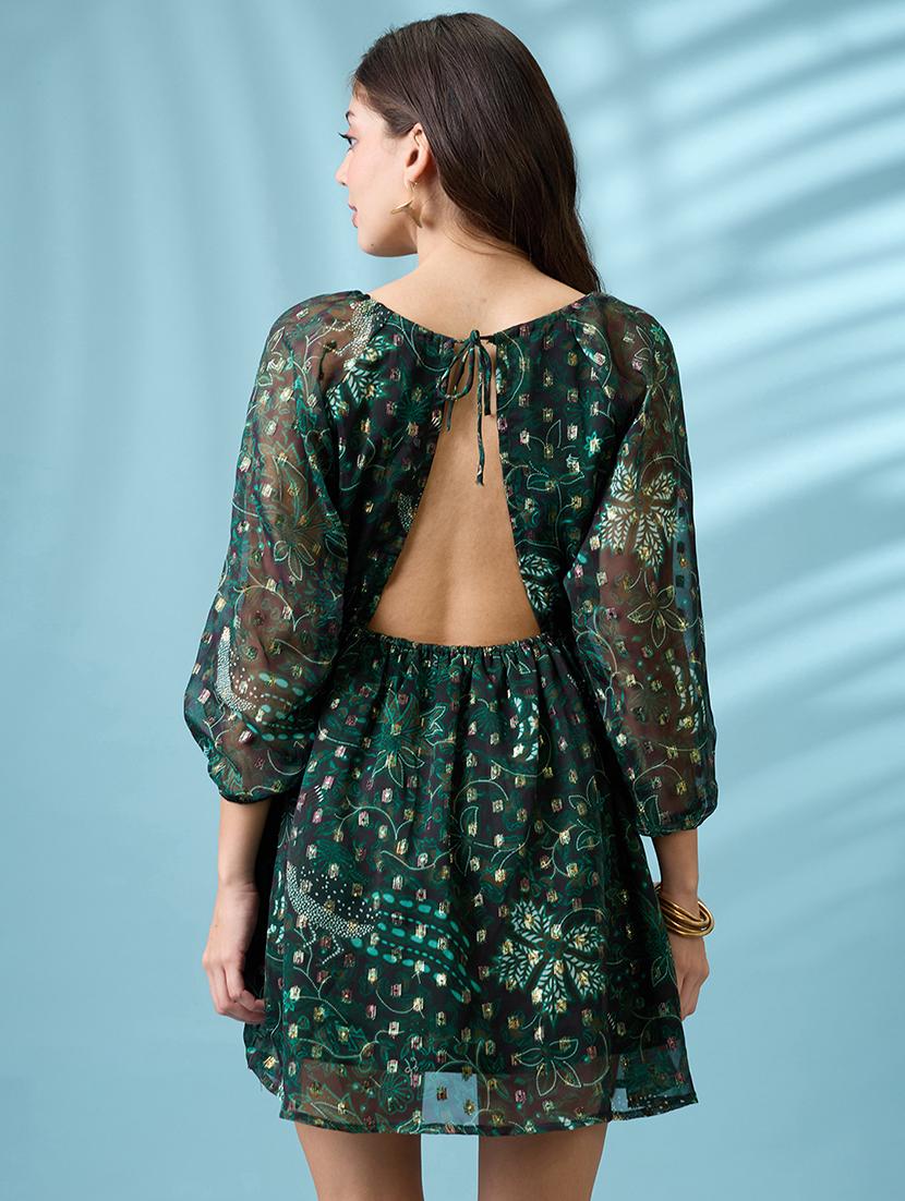women green reglan sleeves stylized back floral printed lurex detail fit & flare mini georgette party dress - 21926744 - Standard Image - 3
