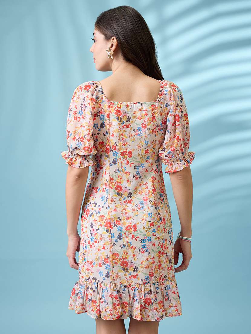 women white all over floral printed  square neck puff sleeves ruched detail georgette ruffle hem mini party dress - 21926746 -  Standard Image - 3