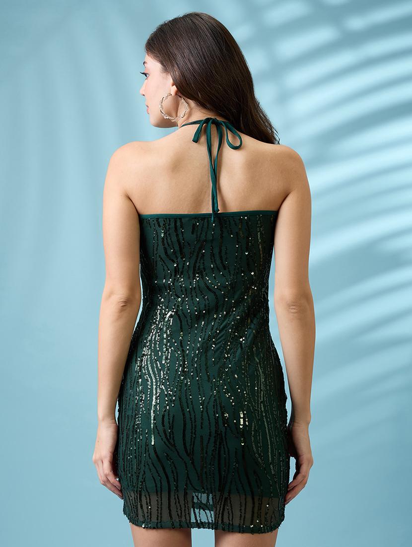women green tie-back halter neck sequinned mini bodycon party dress - 21926748 - Standard Image - 3