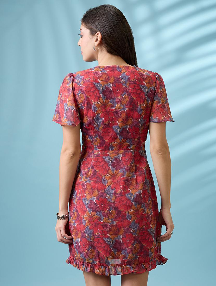 women pink allover floral printed v-neck flared sleeves frilled hem sheath mini dress - 21926749 - Standard Image - 3