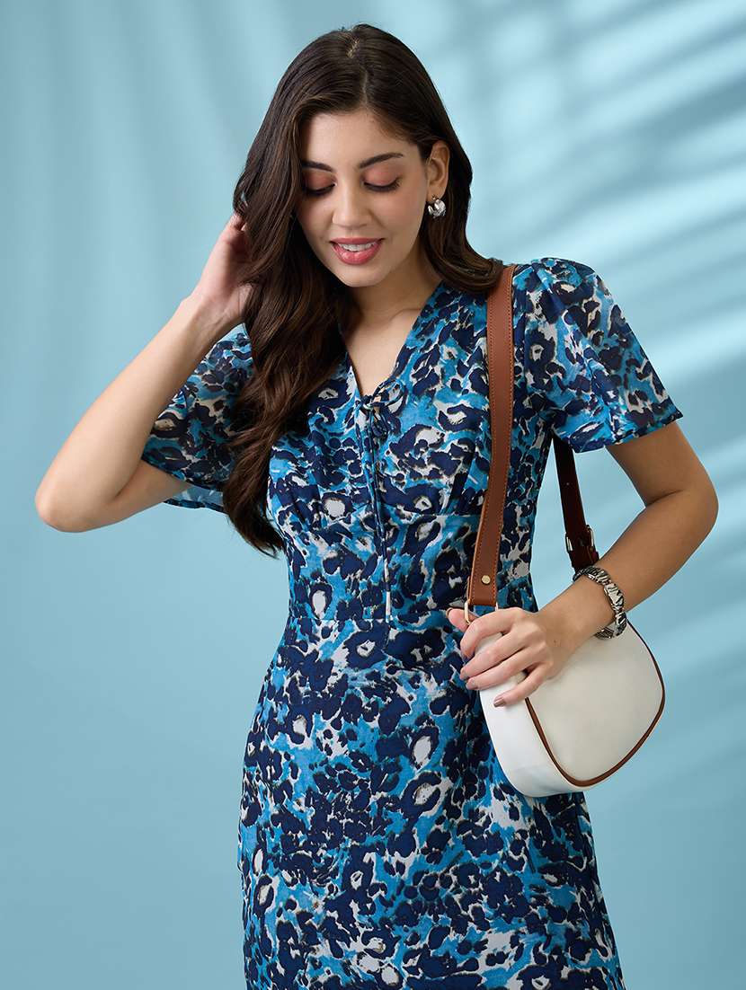 women navy allover floral printed v-neck flared sleeves frilled hem sheath mini dress - 21926750 - Standard Image - 5