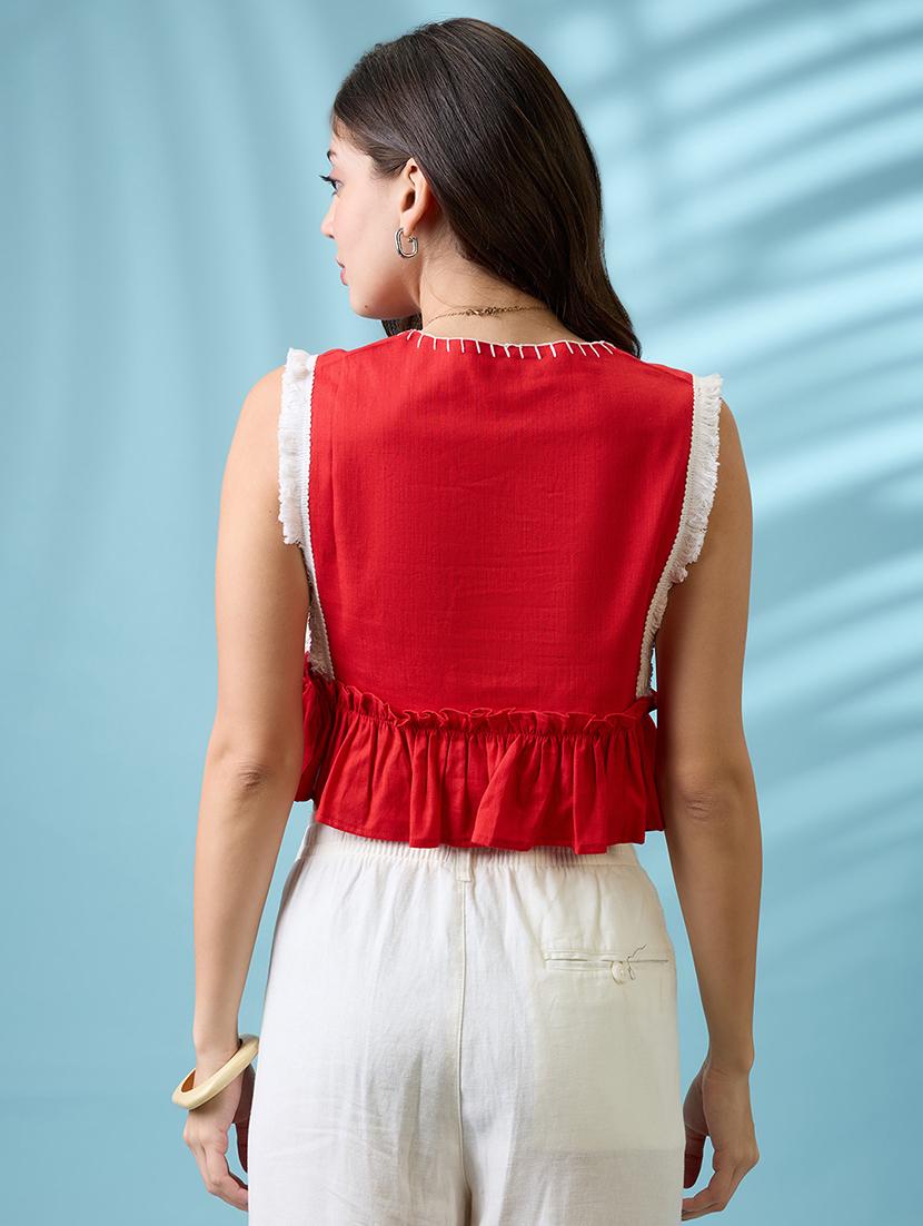 women red v-neck thread work detail & lace inserts pleated crop top - 21926751 - Standard Image - 3