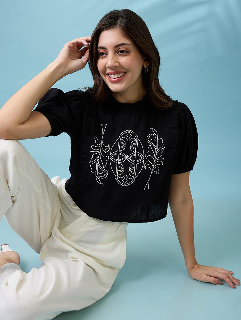 women black high neck puff sleeves frills & embroidered detail crop top - 21926753 - Zoom Image - 0