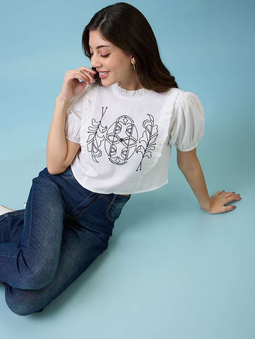 women white high neck puff sleeves frills & embroidered detail crop top