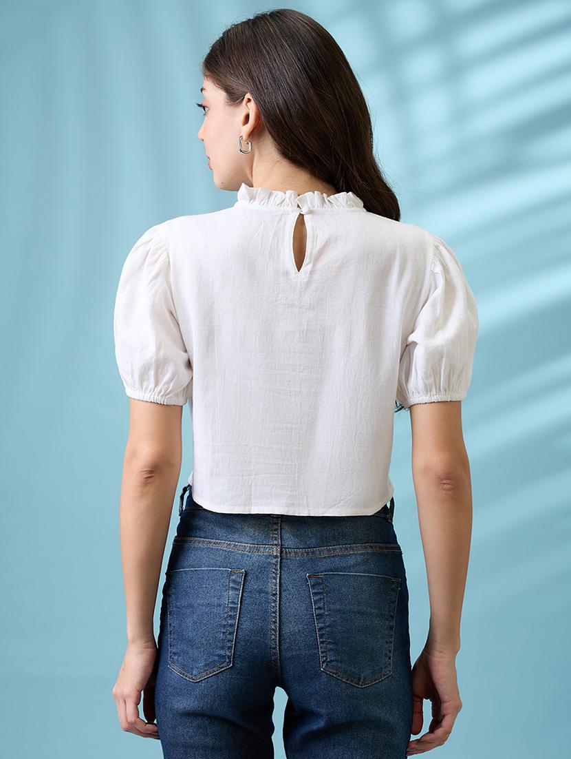 women white high neck puff sleeves frills & embroidered detail crop top - 21926754 - Standard Image - 3