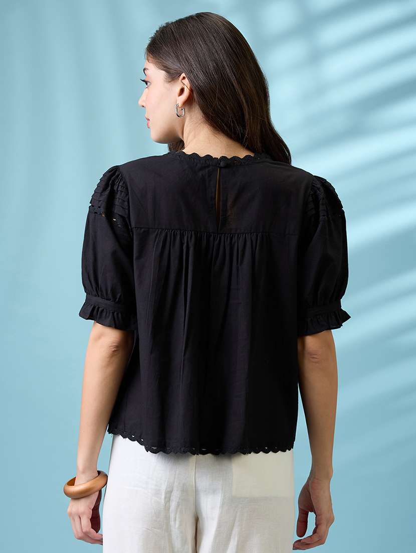 Women Black Round Neck Puff Sleeves Solid Lace Inserts Pleated Top - 21926756 -  Standard Image - 3