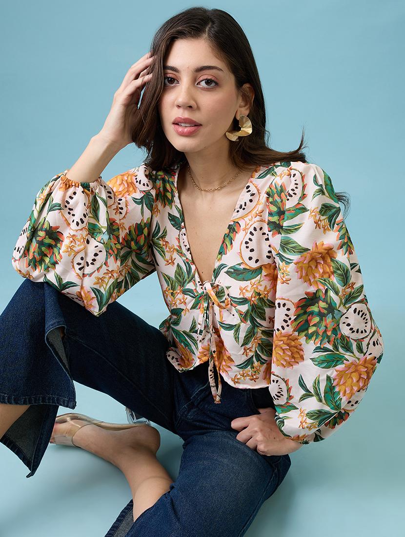 women yellow v-neck bishop sleeves tropical print tie-up detail wrap top - 21926757 -  Zoom Image - 0