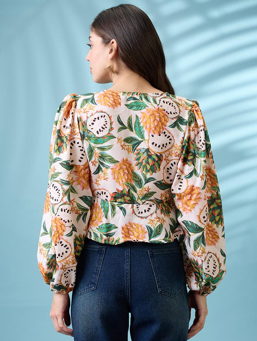 women yellow v-neck bishop sleeves tropical print tie-up detail wrap top - 21926757 - Standard Image - 3